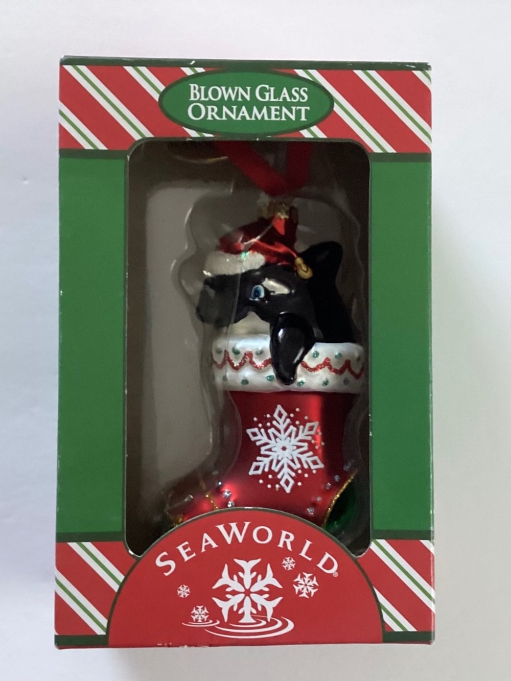 Sea World Hand Blown Glass Ornament Christmas Whale Peeking from Stocking